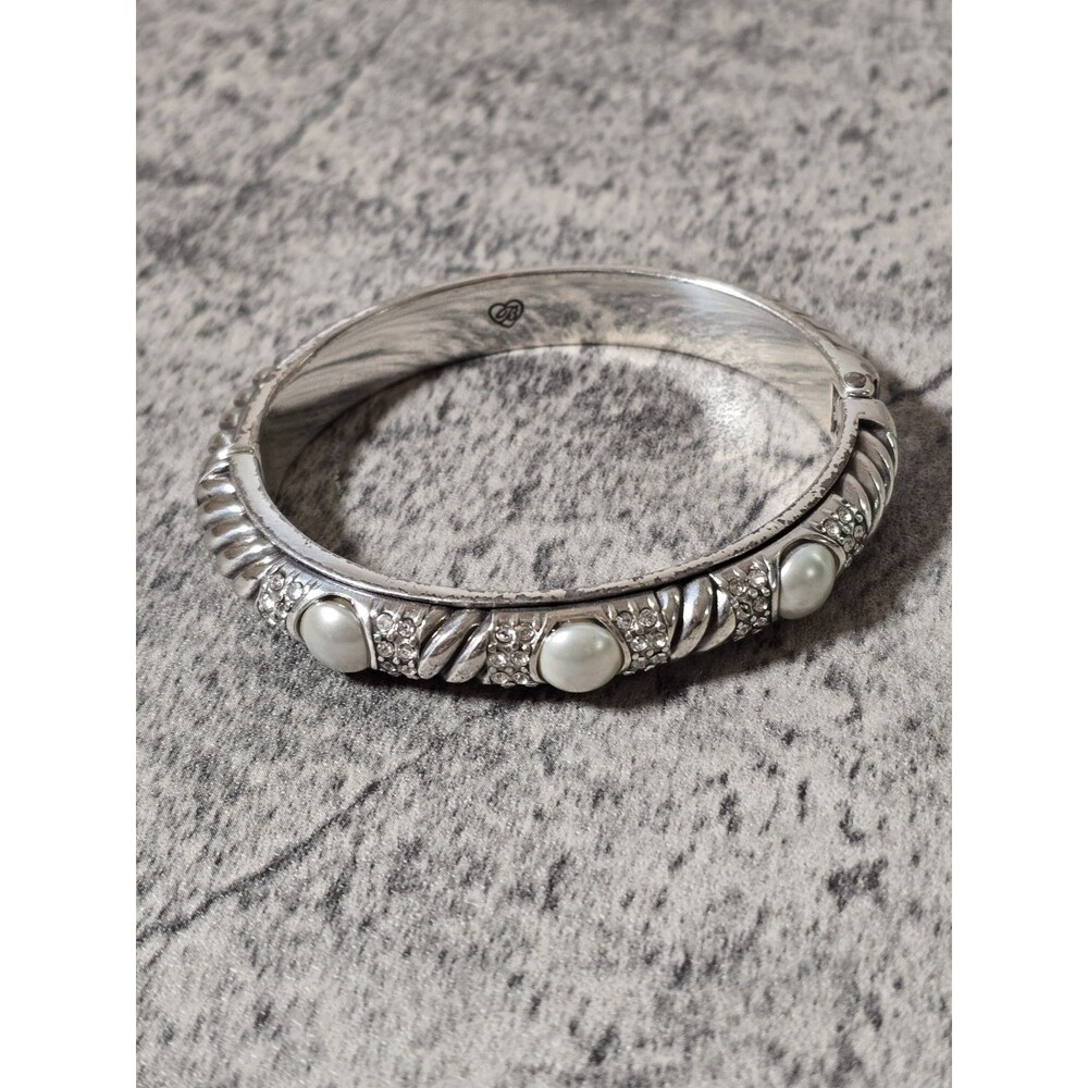 Brighton Hinged Bangle Bracelet Silver Amber Topaz Crystals Faux Pearls Classic